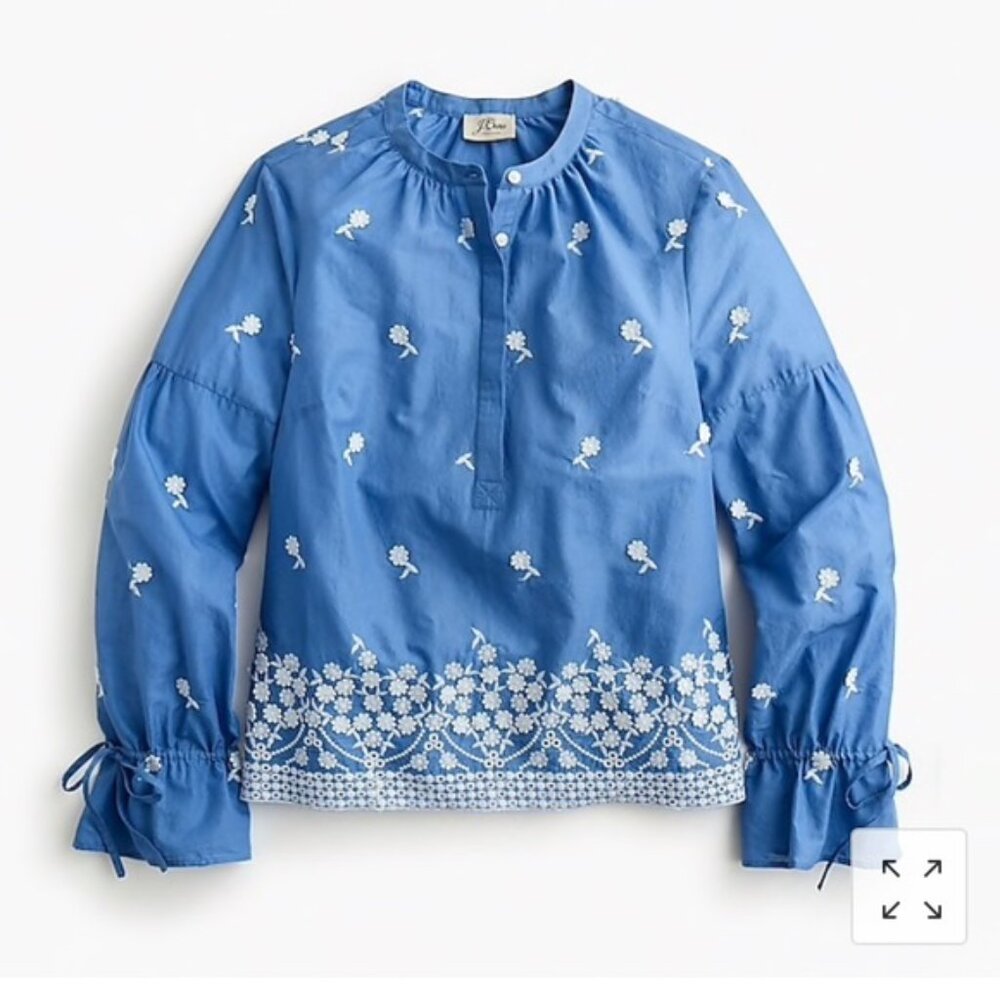 J Crew blue embroidered floral popover shirt
